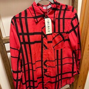 Red and Black Striped Airy Chiffon Business Casual Button Up M